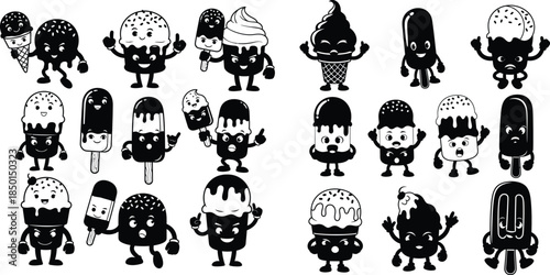 Cartoon ice cream characters icons, cheerful sweet food collection, isolated summer treats