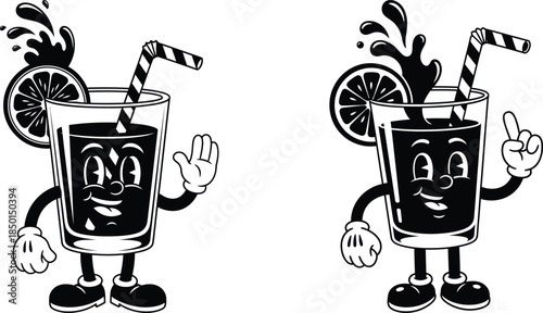 Cartoon juice glass mascot waving and pointing, citrus splash, retro illustration
