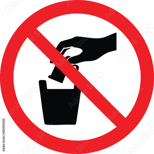 No Disposing Items Prohibited Sign With Hand And Trash Bin Symbol For Clean Rules