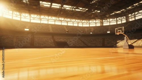 Empty basketball arena lit by sunlight with wooden court