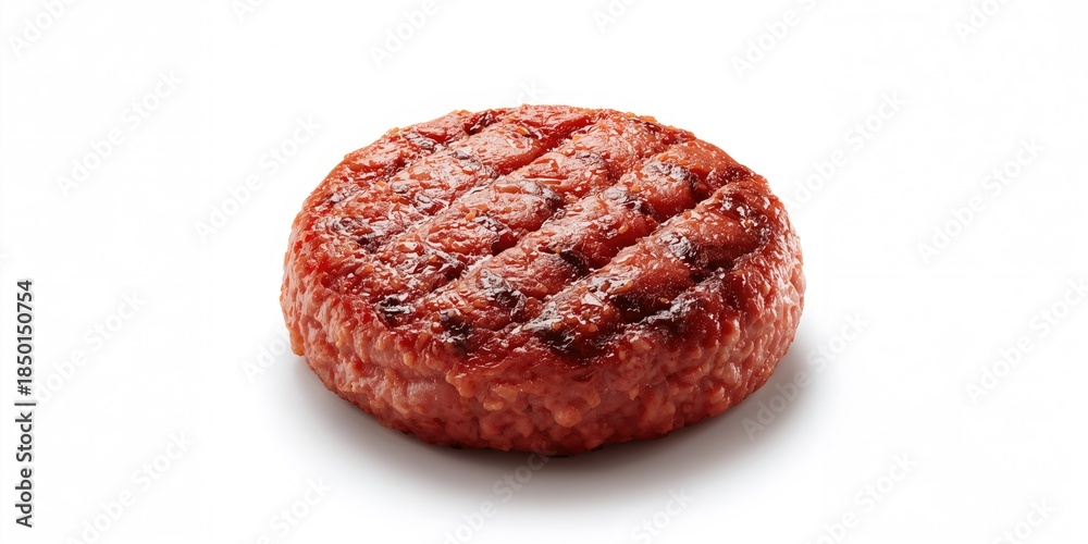 Obraz premium Raw burger beef patty on a white surface, emphasizing food safety and quality standards, National Nutrition Month