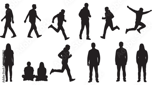 Black Silhouettes of People Running Walking Jumping on White Background