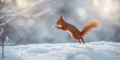 Red squirrel in mid-air leap, agility and forest habitat, Earth Day
