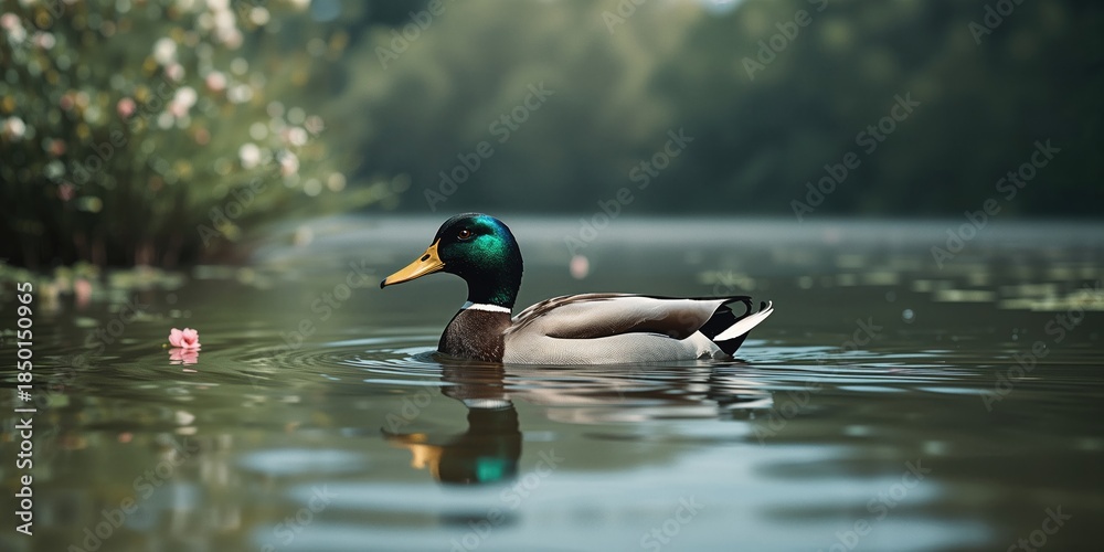 Obraz premium Mallard duck floating on water amidst greenery, highlighting wildlife conservation, Earth Day