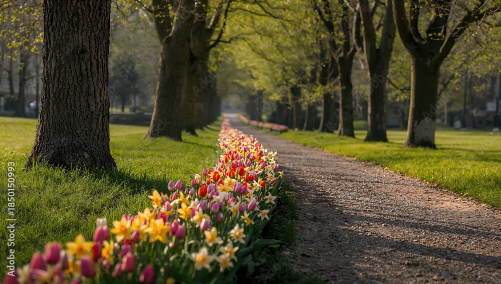 Naklejka premium Street scene featuring blooming bulbs in a lawn replacing perennial flower beds, garden maintenance focus