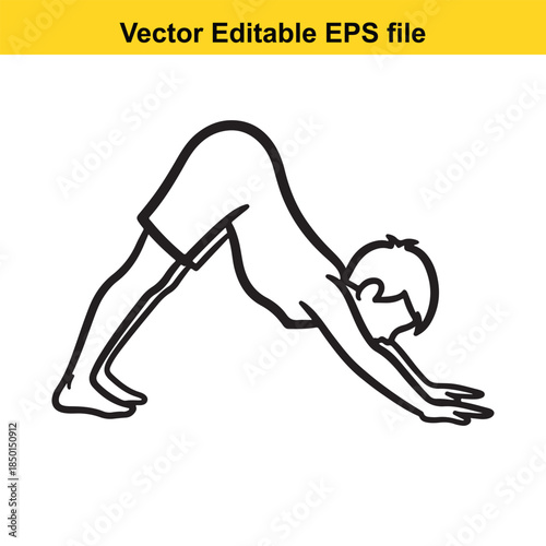  a vector illustration of a person in downward facing dog yoga pose in black lines on white background