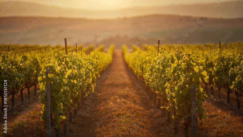 Fototapeta premium Sunlit young vineyard with thriving grape plants, highlighting farm sustainability and plant health