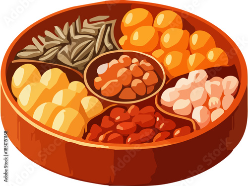 A colorful flat illustration depicts a traditional festive food tray filled with assorted sweets, nuts, and dried fruits arranged in separate compartments.