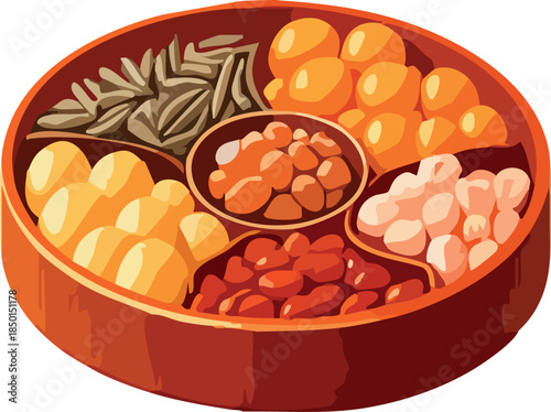 A colorful flat illustration depicts a traditional festive food tray filled with assorted sweets, nuts, and dried fruits arranged in separate compartments.