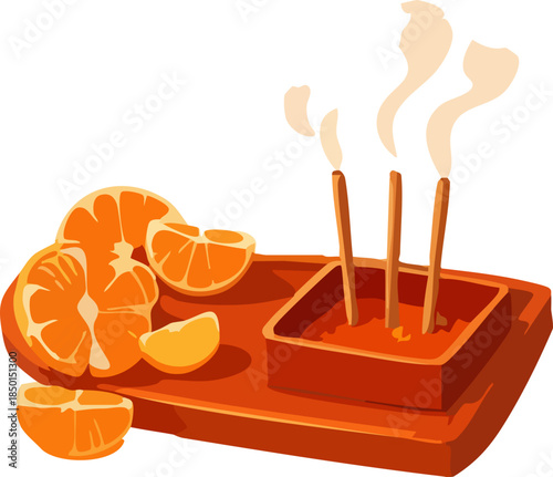 A stylized illustration shows sliced oranges beside a small incense holder with smoking sticks on a warm-toned tray against a dark background.