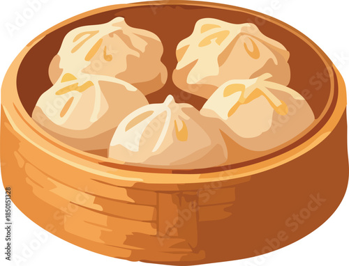 A warm, stylized illustration shows a bamboo steamer filled with freshly steamed dumplings, highlighting traditional Asian cuisine in a cozy, minimal vector style.