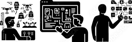 Black and white icons depicting drone farming A I and data analysis artificial intelligence