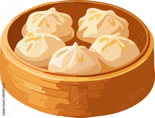 A warm, stylized illustration shows a bamboo steamer filled with freshly steamed dumplings, highlighting traditional Asian cuisine in a cozy, minimal vector style.