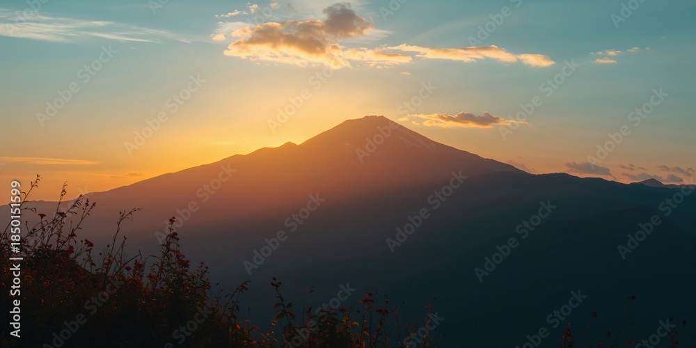 Fototapeta premium Sunrise illuminating mountain peaks with plant silhouettes, seasonal change awareness day