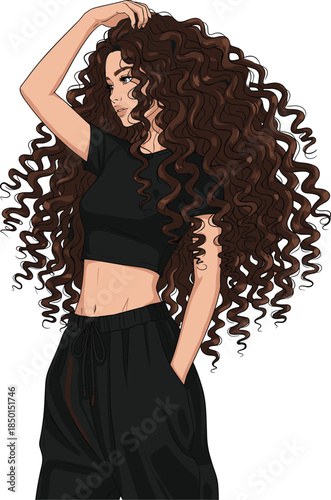 Vector Illustration of a Beautiful Young Woman with Voluminous Long Curly Brown Hair Wearing Black Crop Top Streetwear