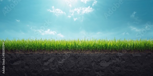 Lush green turf rooted in earth under a bright blue sky, ideal for nature-themed layouts