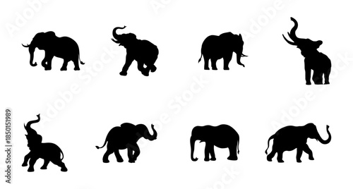 Black elephant silhouettes in various poses. wild and cute animal cartoon.