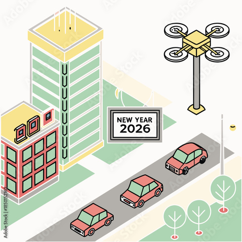 Digital city concept with autonomous transport and smart buildings.