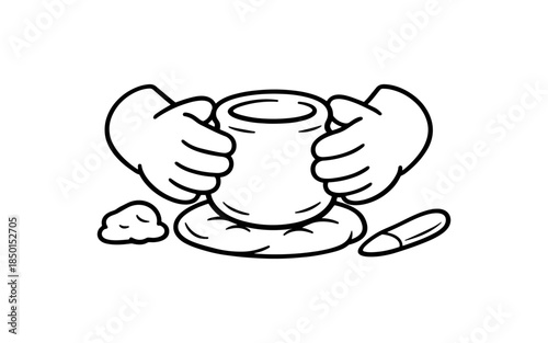Cartoon hands shaping clay on a pottery wheel with a tool nearby