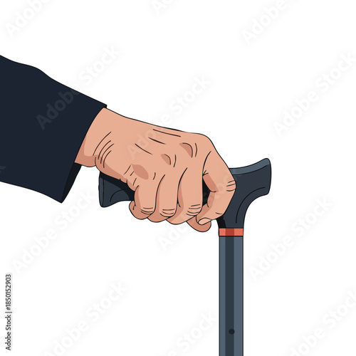 Elderly hand firmly grips a walking cane, symbolizing support, mobility, and the journey through life.