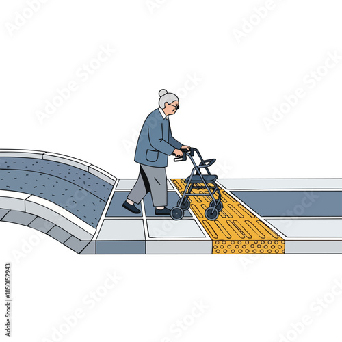 Elderly woman with a walker navigates a tactile paving path on a sidewalk, symbolizing accessibility and urban design for seniors.