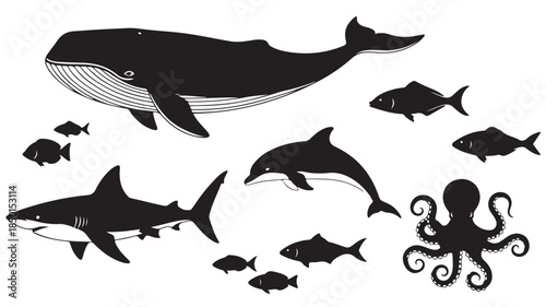 Black Silhouettes of Whale, Shark, Fish and and Octopus on White Background