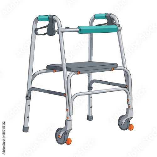 A lightweight foldable walker with a built-in seat provides mobility assistance for elderly individuals.