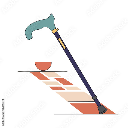 A walking cane leans against a shelf with a small bowl casting a patterned shadow, symbolizing support and assistance.