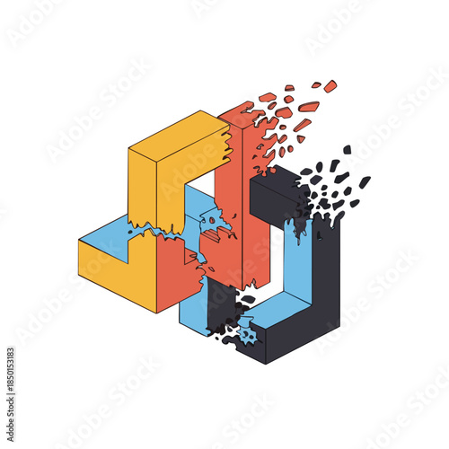 Abstract geometric shape disintegrating into fragments against a white background, symbolizing breakdown or transformation.