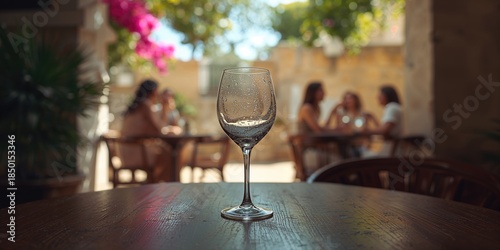 Wine glass set on a table with outdoor cafe ambiance and indistinct figures in the background
