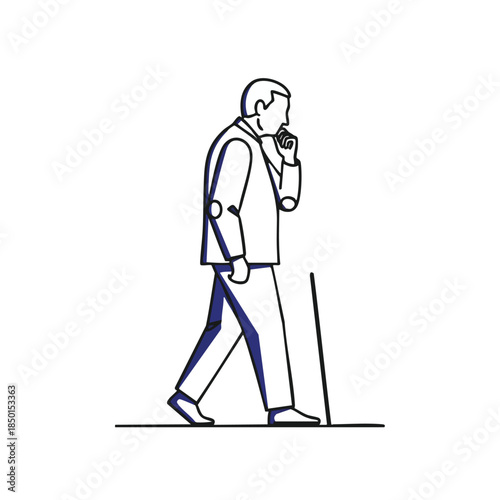 A thoughtful businessman walks with a cane, contemplating his next strategic move in a minimalist line art style.