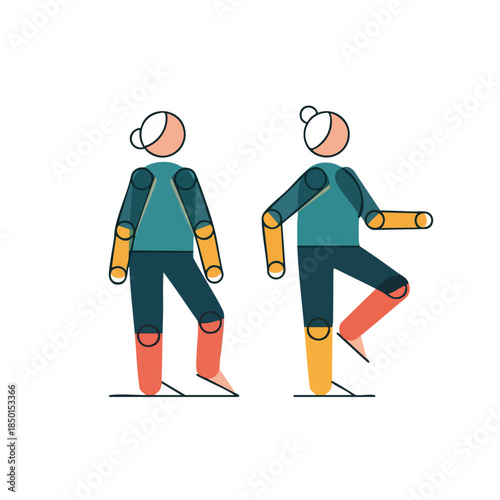 Two stylized figures, one standing still and the other in motion, depicted with geometric shapes and clean lines.