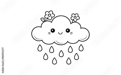 Cute smiling cloud with raindrops and flowers, simple line art illustration