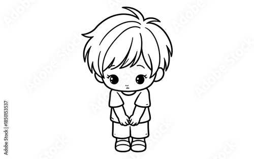 Cute anime boy with big eyes and messy hair bowing politely in a simple outfit