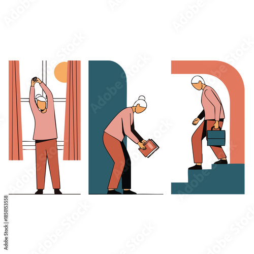 An active senior woman embraces an independent life, diligently engaging in daily exercises, pursuing hobbies, and confidently navigating her surroundings.