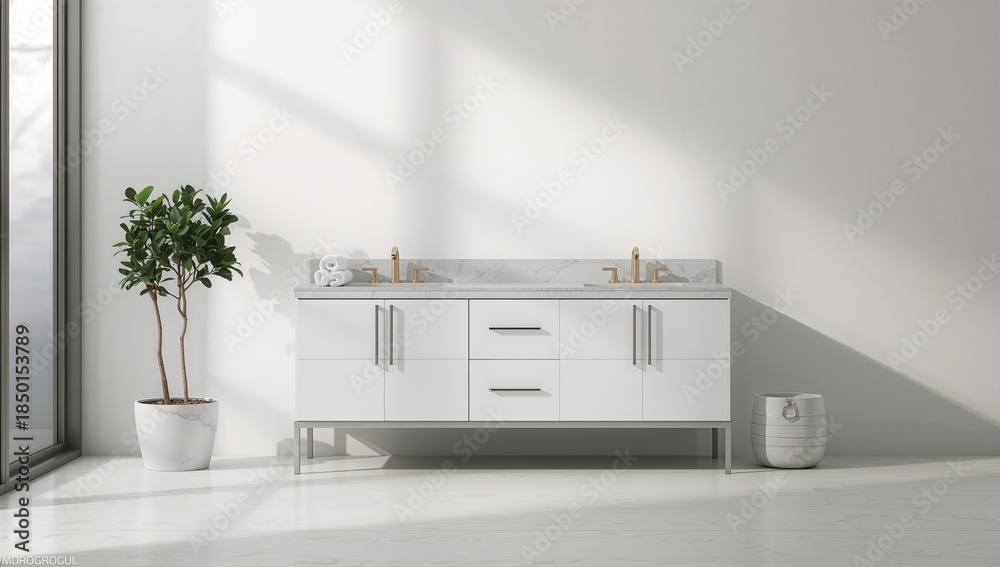 Fototapeta premium Modern white bathroom vanity featuring sleek handles and ample storage, contemporary design and functionality, Earth Day