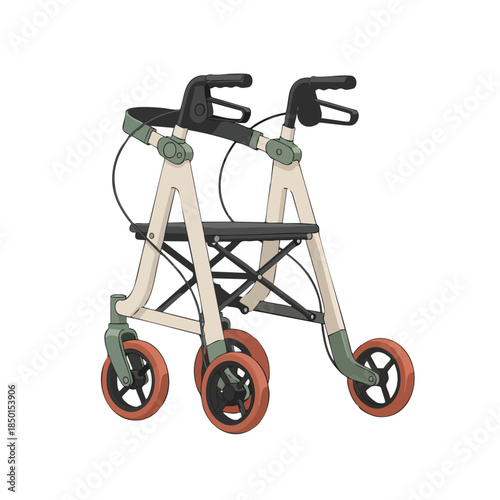 A thoughtfully designed modern rollator, featuring four wheels and a built-in seat, provides crucial support and independence for individuals requiring walking assistance.