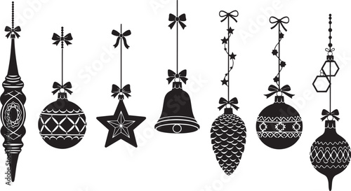 Collection of various Christmas ornament illustrations hanging on strings, featuring bows and unique designs