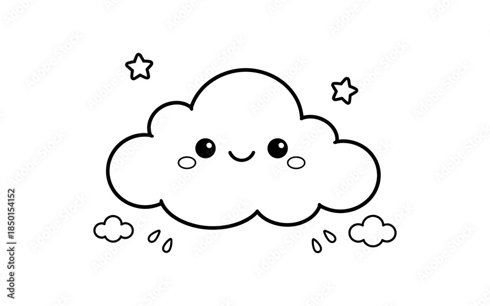 Fototapeta premium Cute cartoon cloud character with stars and rain drops, black and white outline