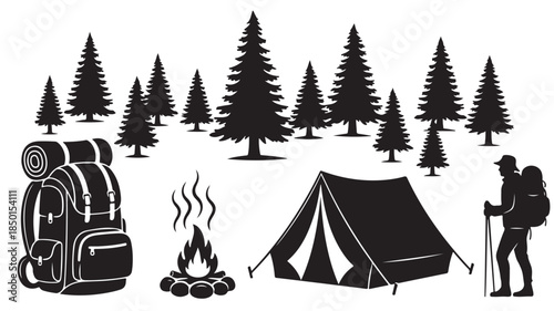Hiker Camping in Forest with Tent and Backpack