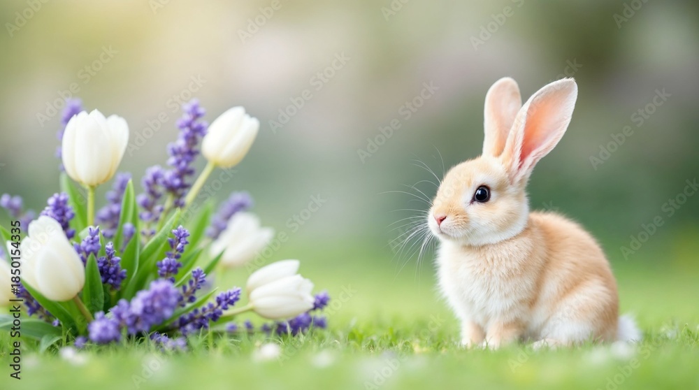 Obraz premium Cute baby bunny rabbit sitting in the grass with spring flowers. Adorable small animal with white tulips and purple lavender for the Easter holiday. Springtime nature background with copy space