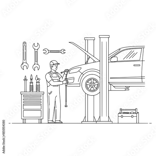 Vehicle Maintenance and Auto Service Line Art Vector