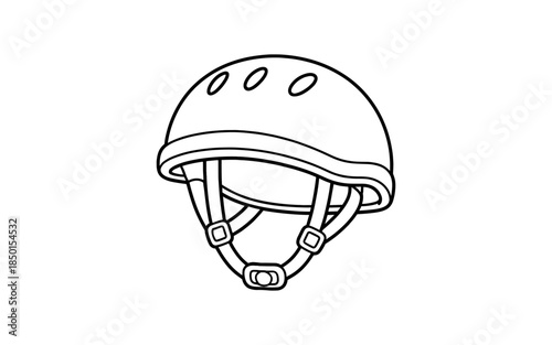 Simple line drawing of a protective helmet with straps and buckle