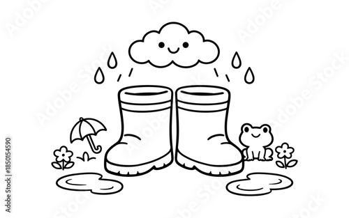 Cute cartoon rain boots with a smiling cloud and frog on a rainy day