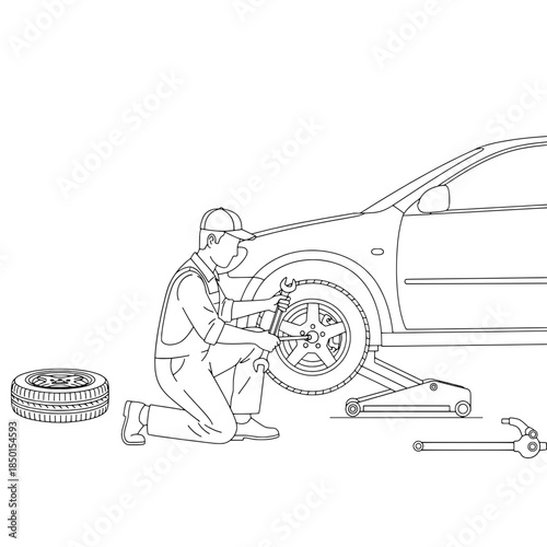 Vehicle Maintenance and Auto Service Line Art Vector