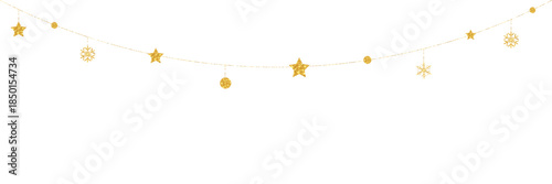 Christmas ornaments. Happy Holiday background. Golden glitter snow flakes garland. Merry Christmas elements. Winter bg. New Year banner. Light string. Vector illustration