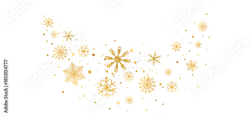 Golden glitter snowflakes wave. Christmas ornaments. Happy Holiday background. Merry xmas snow flakes elements. Winter bg. New Year banner. Light string. Vector illustration