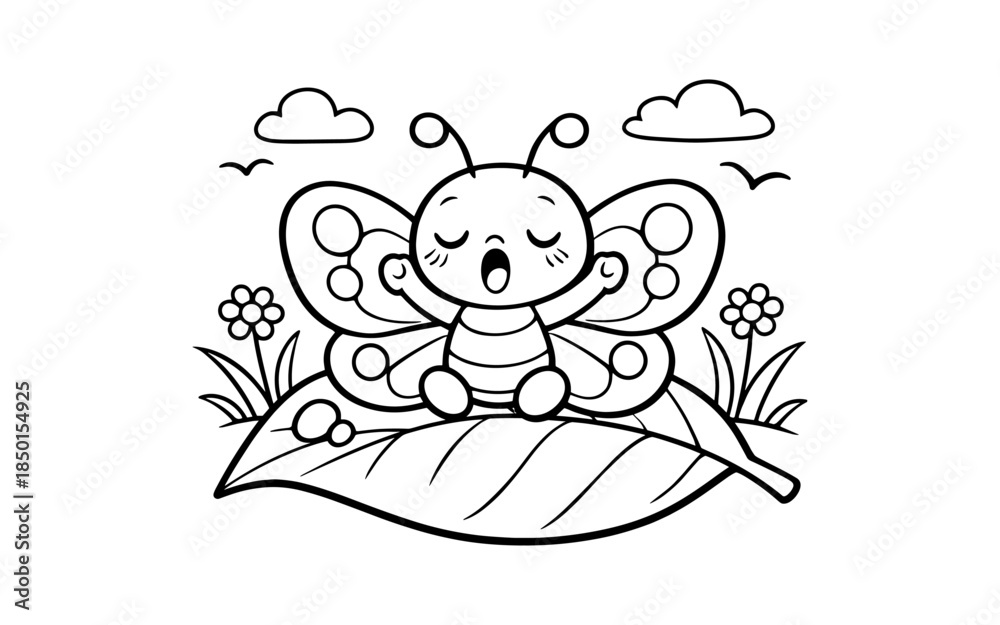 Fototapeta premium Cute cartoon butterfly yawning on a leaf with flowers and clouds in the background