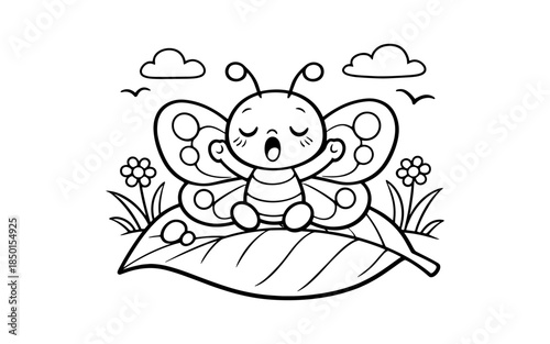 Cute cartoon butterfly yawning on a leaf with flowers and clouds in the background