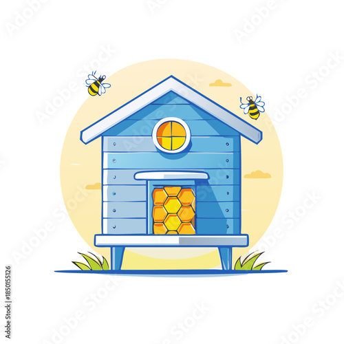 Illustration of a blue wooden beehive with two bees on a yellow gradient background